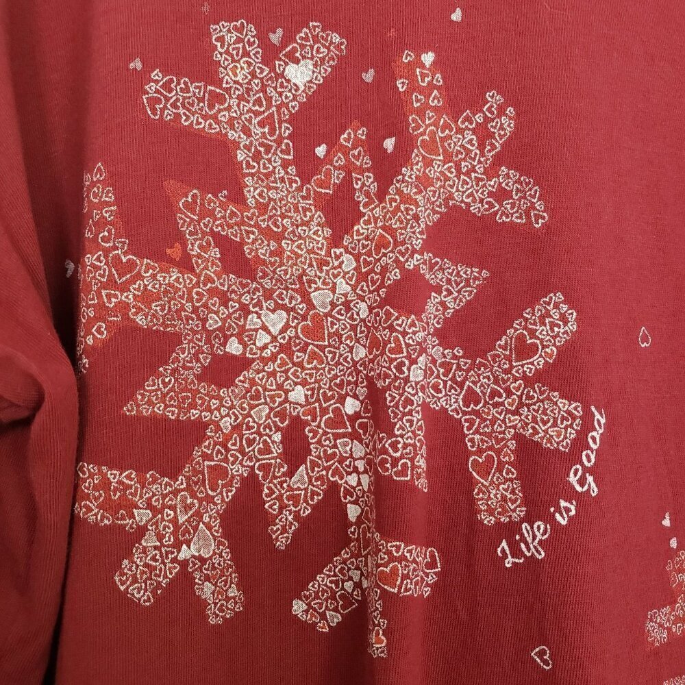 Life is Good Crusher Tee Snowflake Hearts Cotton Red Long Sleeve Womens Size XL - Picture 4 of 12